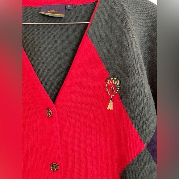 Lady Arrow Collection 100% Wool Cardigan Sweater Red Green Gold buttons Size 38 - Picture 2 of 7